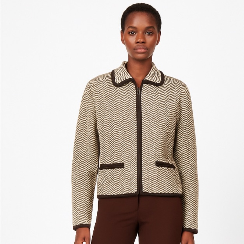 Jones New York Brown Cream Herringbone Merino Wool Zip Up Blazer Jacket Size LP